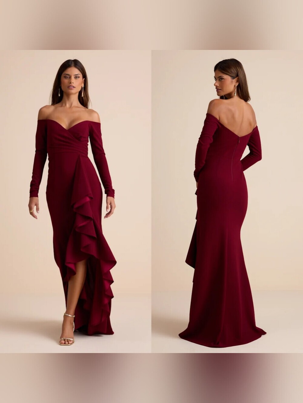 Lulus Notorious Perfection Wine Off-the-Shoulder Ruffled Maxi Dress S Wedding
